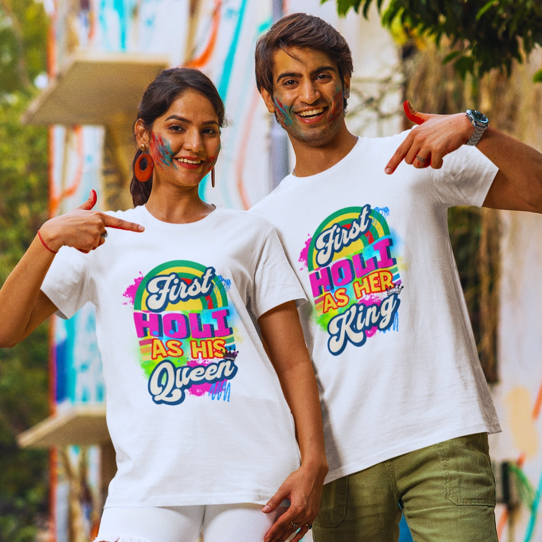 First Holi as His Queen & King, Couple Holi T-shirts in White