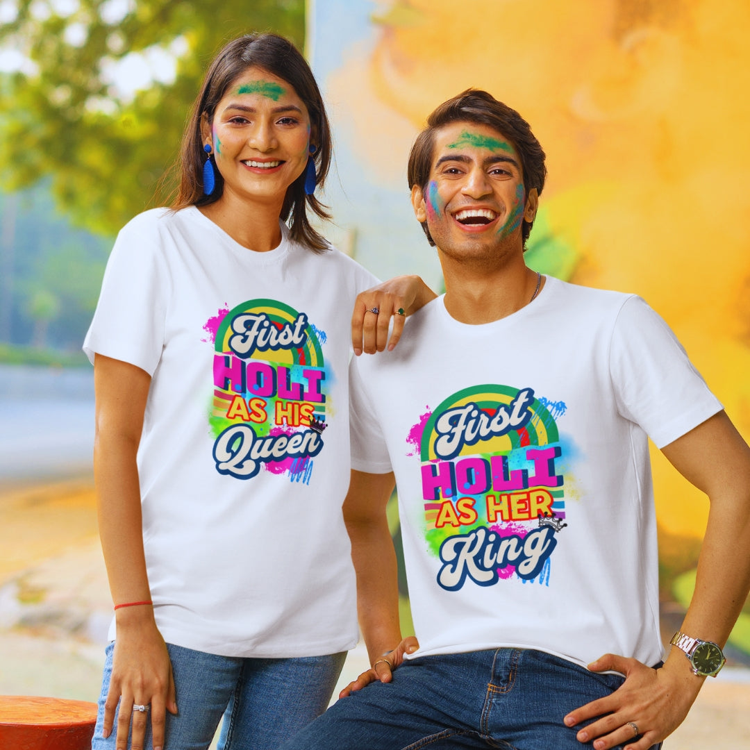 First Holi as His Queen & King, Couple Holi T-shirts in White