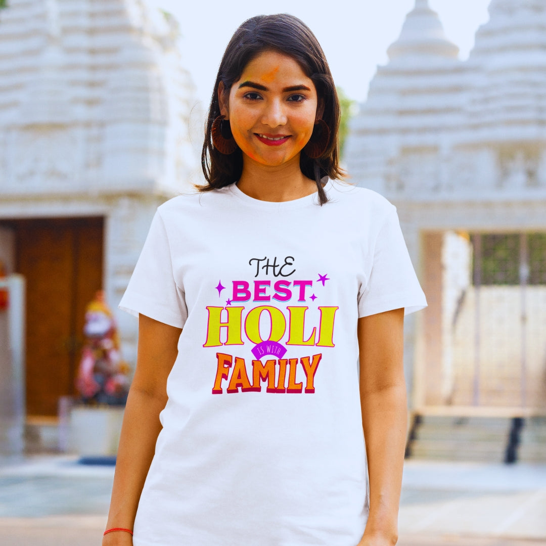 The Best Holi Is With Family Holi Festival T-shirt in White Unisex