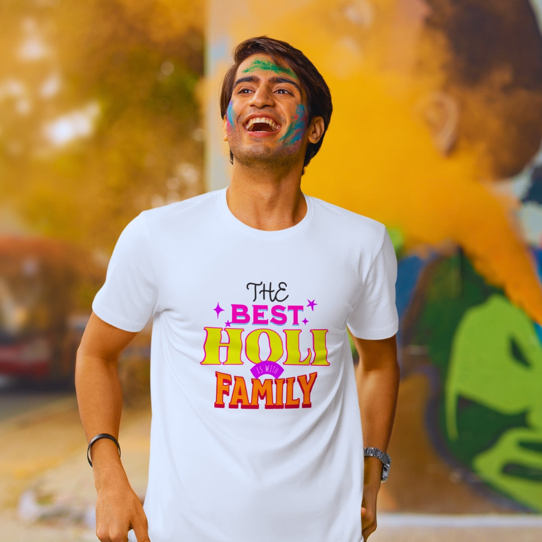 The Best Holi Is With Family Holi Festival T-shirt in White Unisex