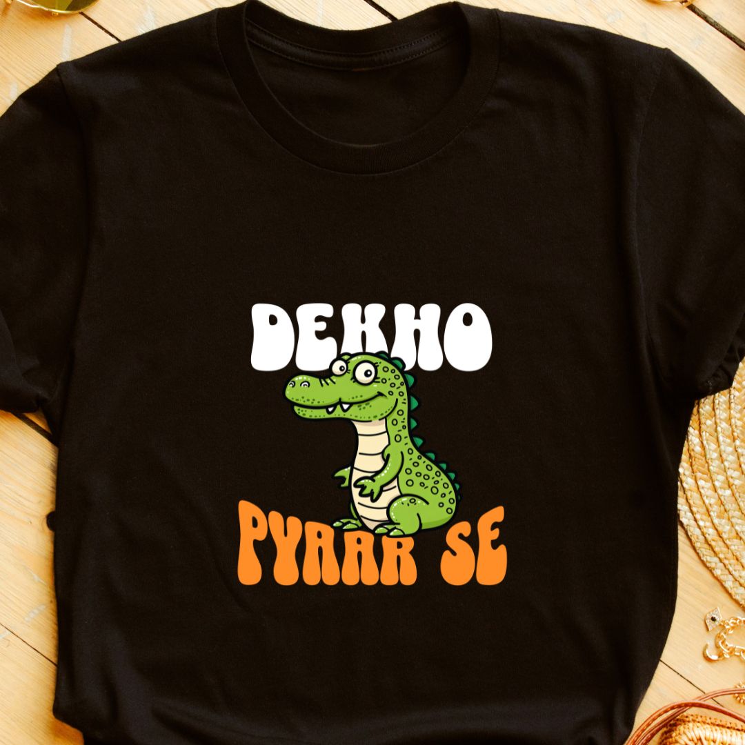 " Dekho Magar Pyaar Se" Crocodile Graphic T-Shirt – Funny Hindi Slogan Tee | Unisex Fit