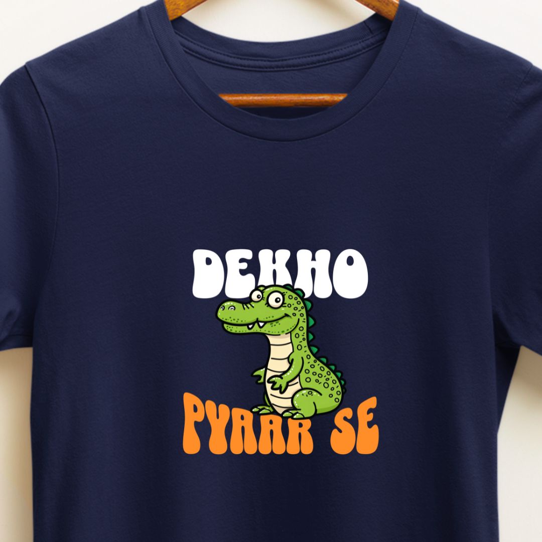 " Dekho Magar Pyaar Se" Crocodile Graphic T-Shirt – Funny Hindi Slogan Tee | Unisex Fit