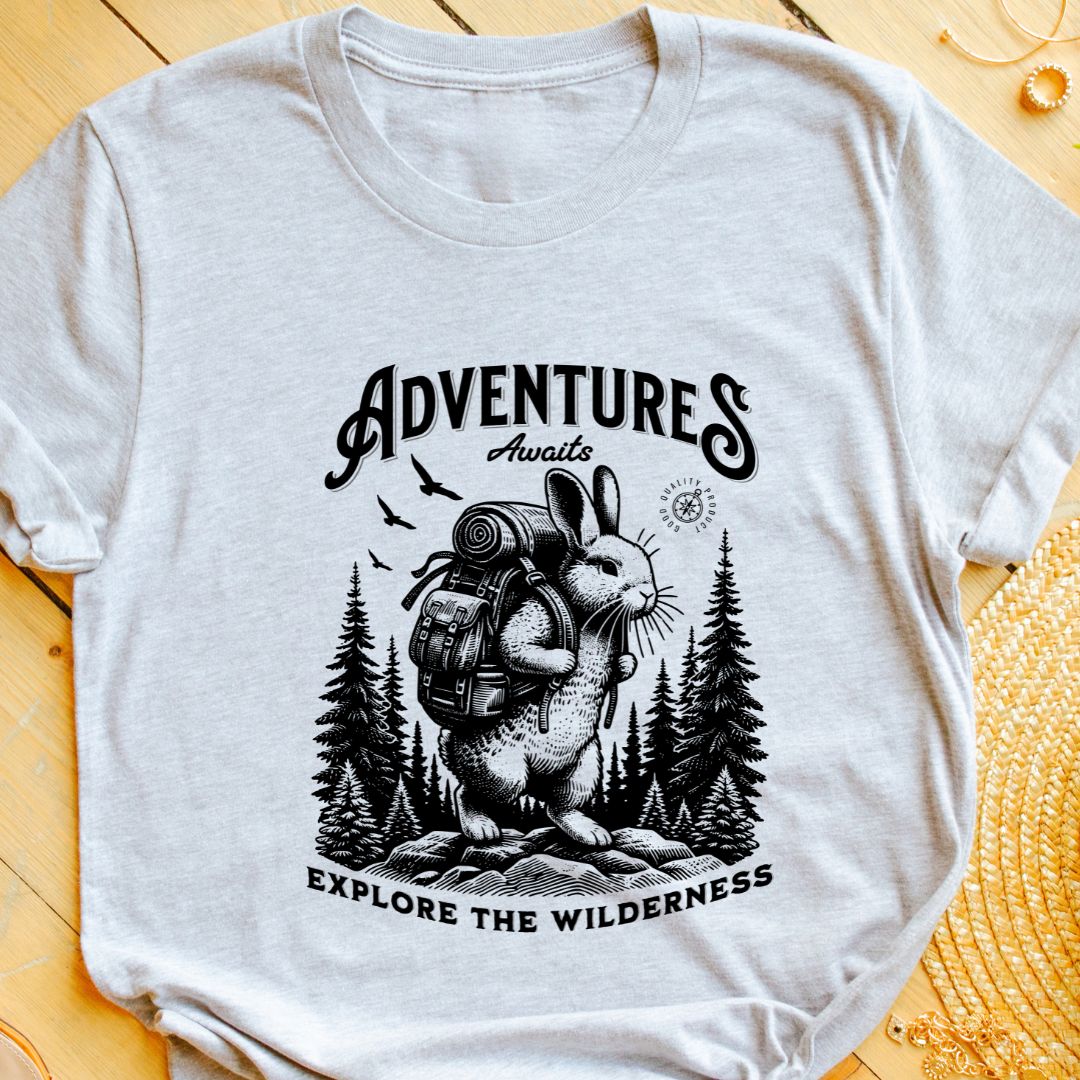 Adventure Awaits T-Shirt - Explore the Wilderness with Bunny Backpack Design