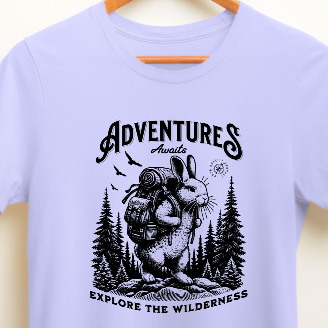 Adventure Awaits T-Shirt - Explore the Wilderness with Bunny Backpack Design