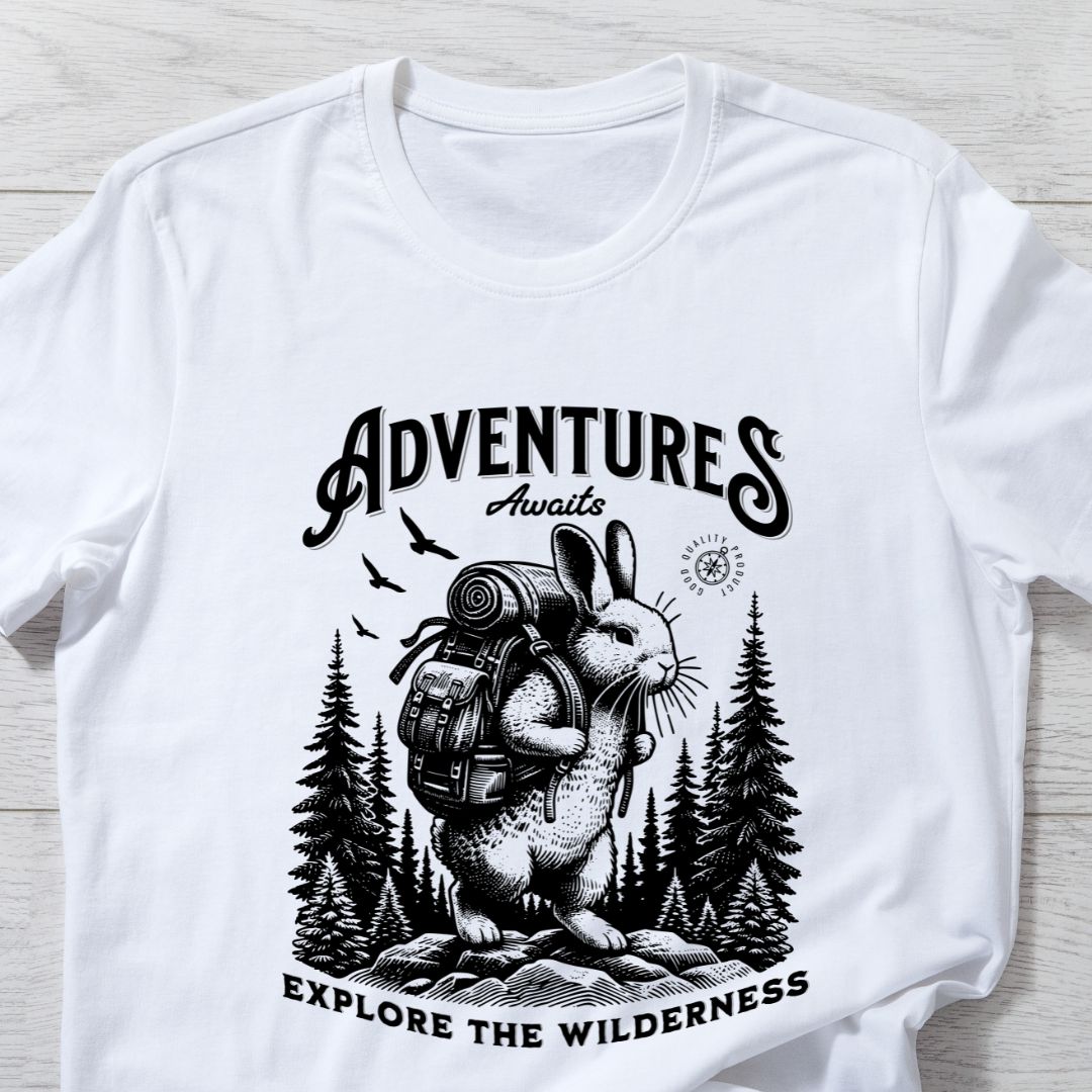 Adventure Awaits T-Shirt - Explore the Wilderness with Bunny Backpack Design