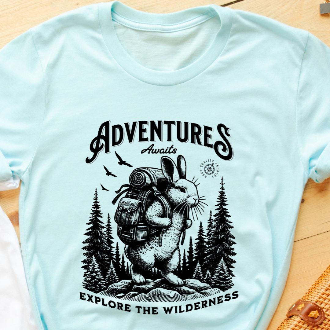 Adventure Awaits T-Shirt - Explore the Wilderness with Bunny Backpack Design