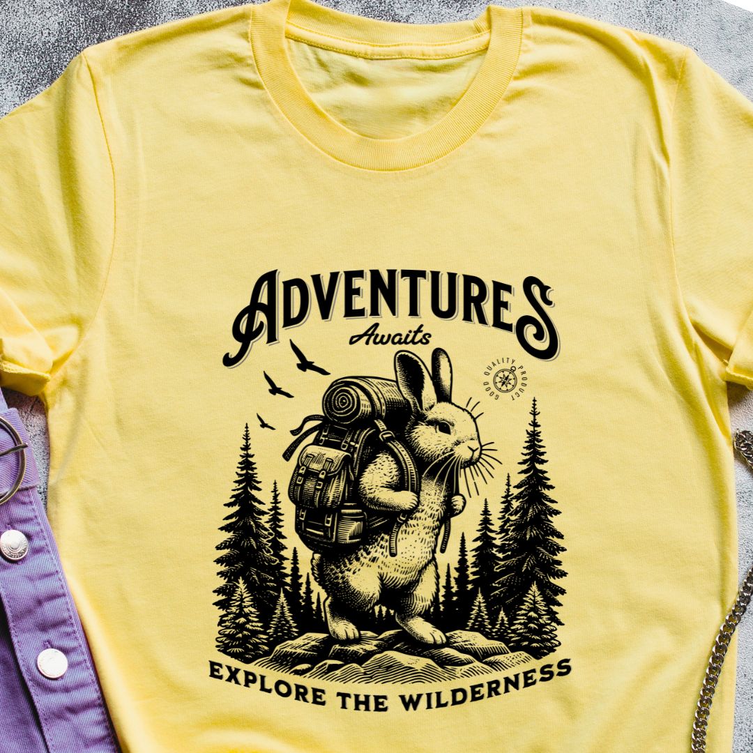 Adventure Awaits T-Shirt - Explore the Wilderness with Bunny Backpack Design