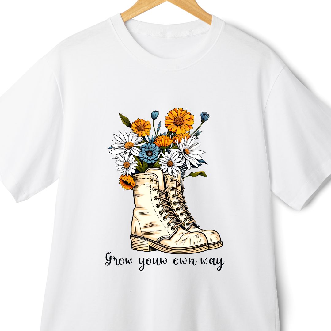 Front Print Oversized Boho T-Shirt: Grow Your Own Way with Floral Canvas Shoes Print