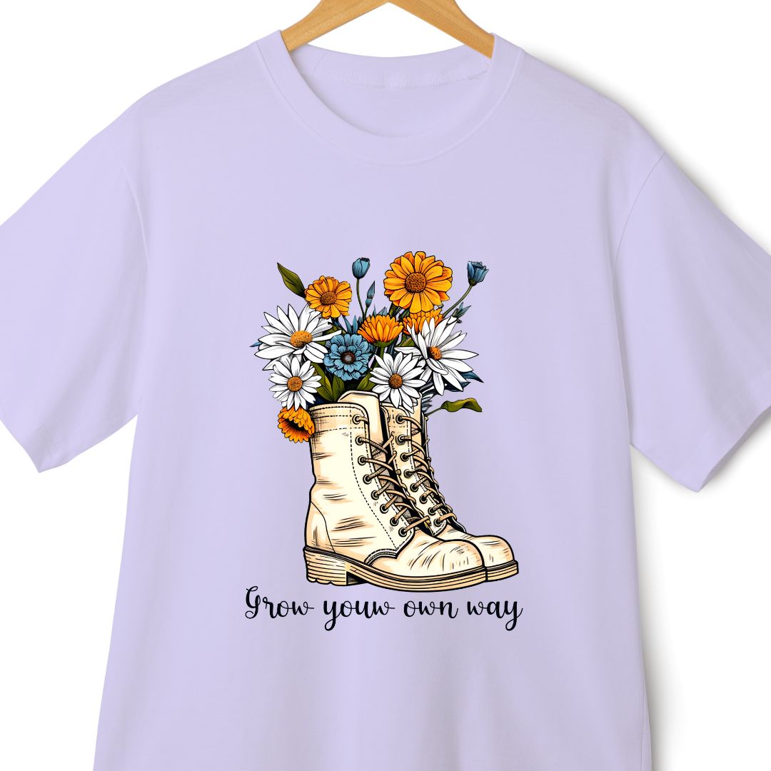 Front Print Oversized Boho T-Shirt: Grow Your Own Way with Floral Canvas Shoes Print