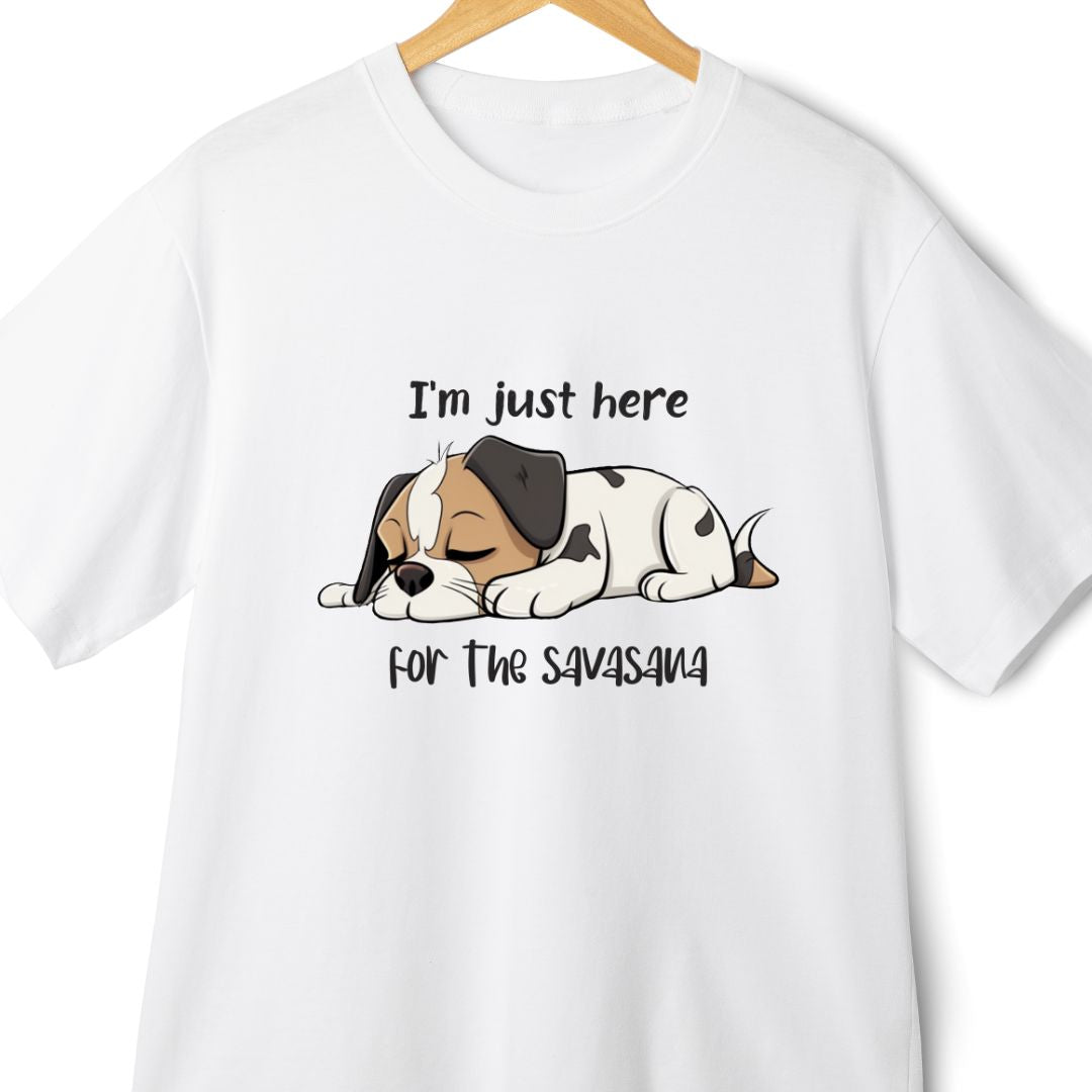 Chill Out in Style: 'I Am Here for Savasana' Oversized Funny T-Shirt with Lazy Dog Graphic | Eazy Peace