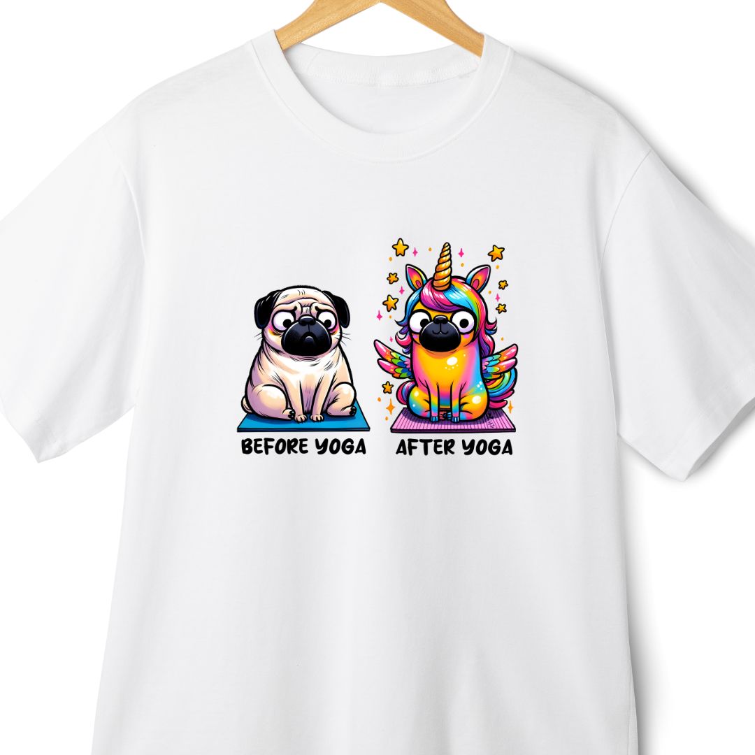 Before Yoga, After Yoga Pug Oversized T-Shirt: Cute and Funny Design | Eazy Peace