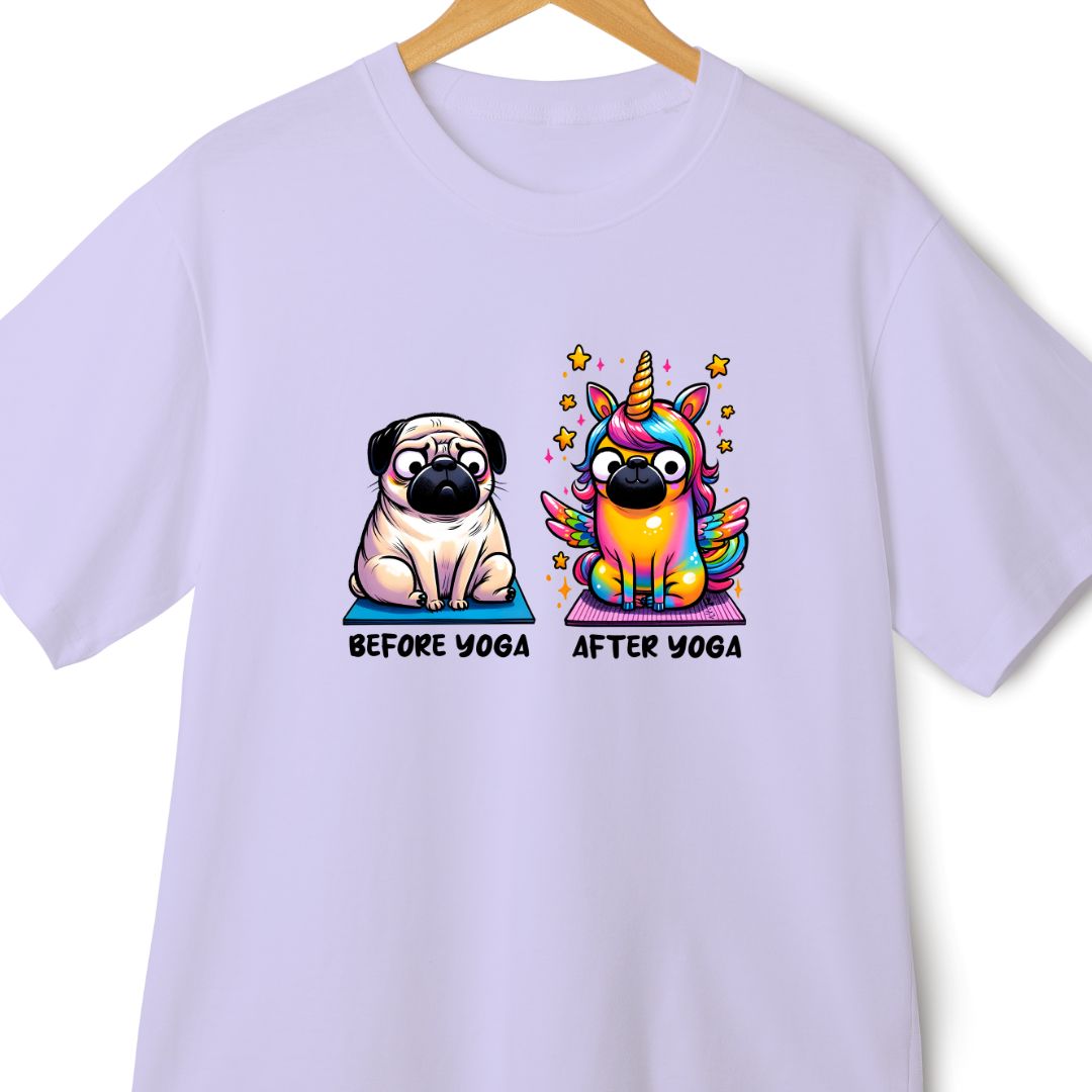 Before Yoga, After Yoga Pug Oversized T-Shirt: Cute and Funny Design | Eazy Peace