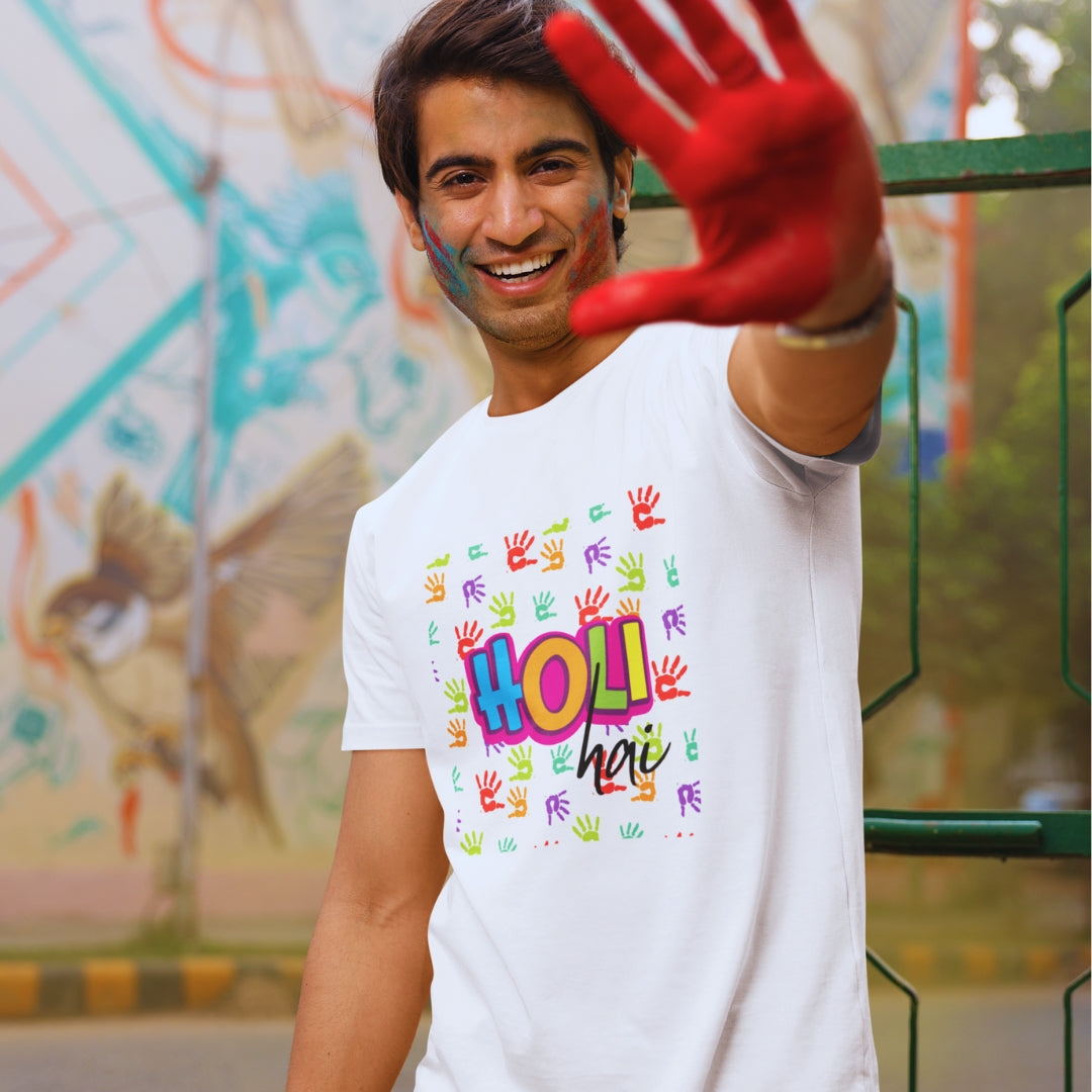 Holi Hai, Handprint Holi T-shirt in White Unisex