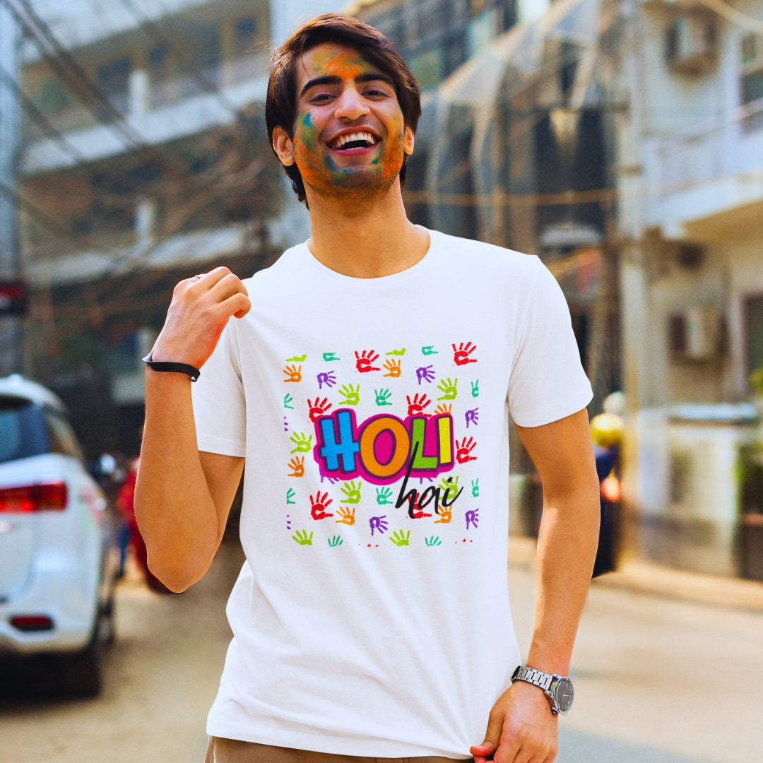 Holi Hai, Handprint Holi T-shirt in White Unisex