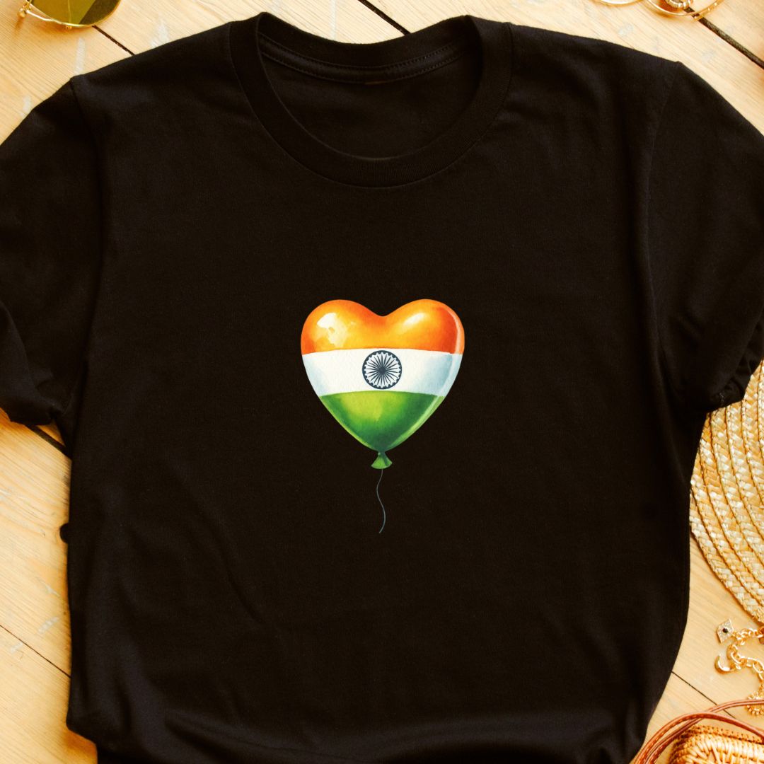 "Minimalist Heart Balloon Indian Flag T-Shirt – Celebrate Republic & Independence Day | Unisex Fit"