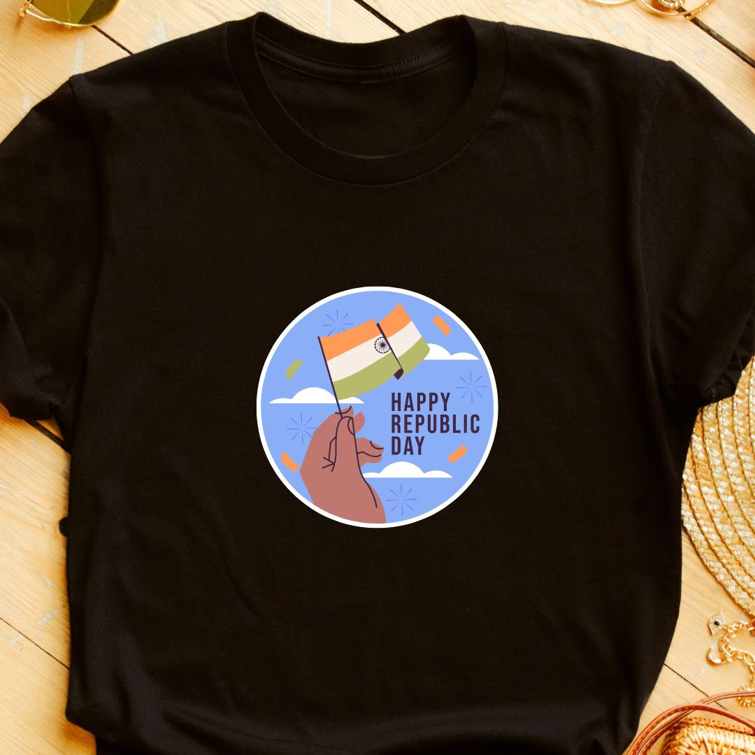 "Happy Republic Day T-Shirt – Indian Flag Design with Hand Graphic | Unisex Fit"