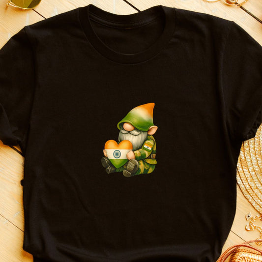 "Cute Army Gnome T-Shirt – Indian Flag Heart Design | Patriotic & Unique | Unisex Fit"