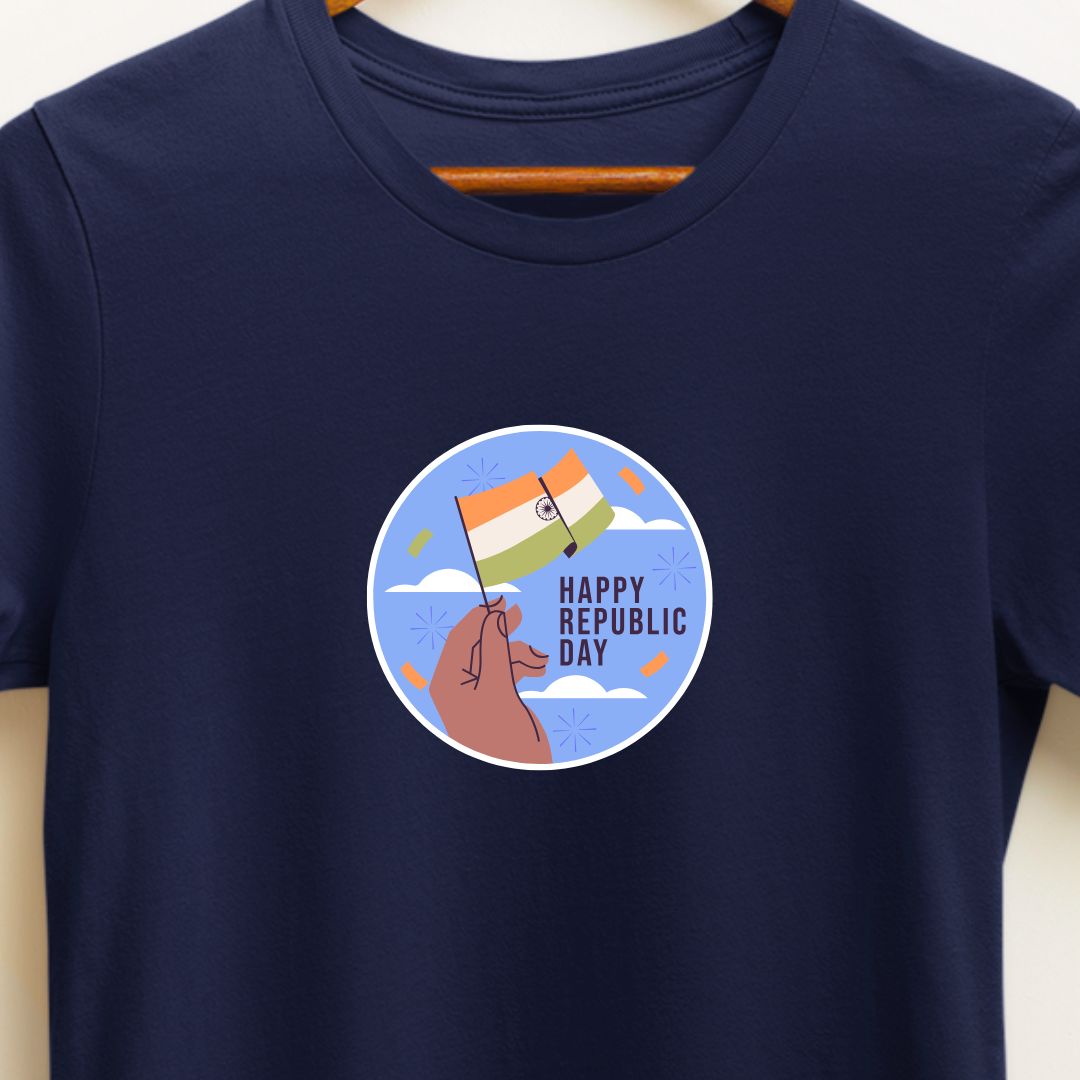 "Happy Republic Day T-Shirt – Indian Flag Design with Hand Graphic | Unisex Fit"