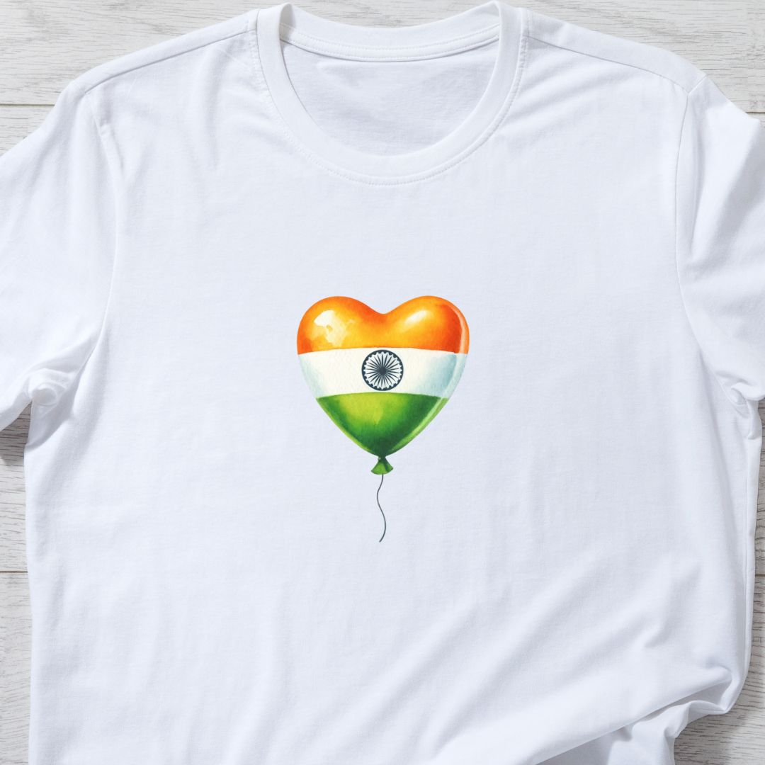 "Minimalist Heart Balloon Indian Flag T-Shirt – Celebrate Republic & Independence Day | Unisex Fit"