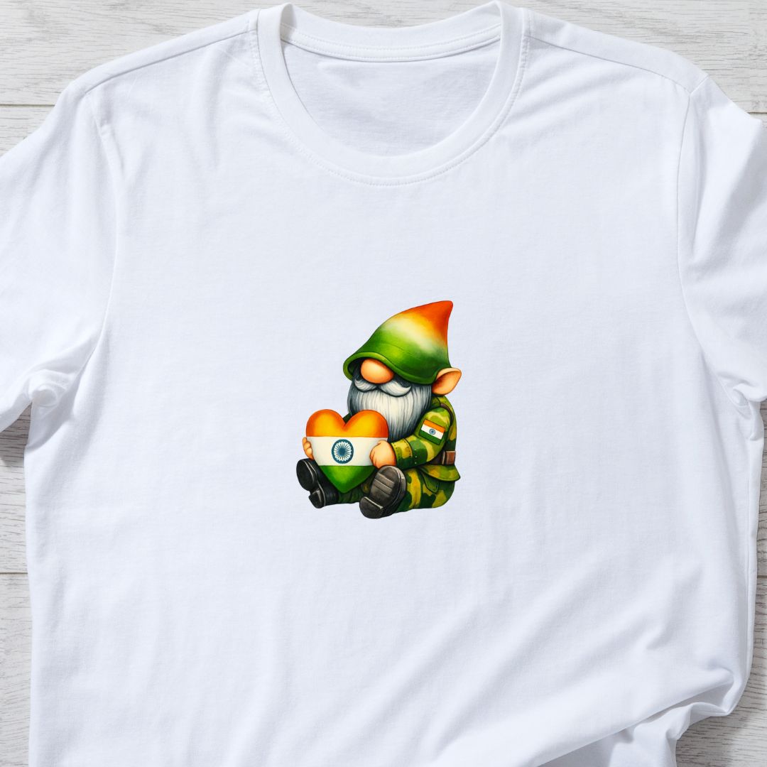 "Cute Army Gnome T-Shirt – Indian Flag Heart Design | Patriotic & Unique | Unisex Fit"