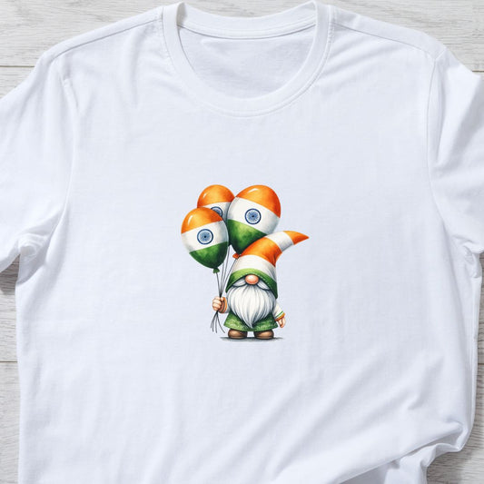 "Cute Gnome Republic T-Shirt – Indian Flag Balloon Design for Republic & Independence Day | Unisex Fit"