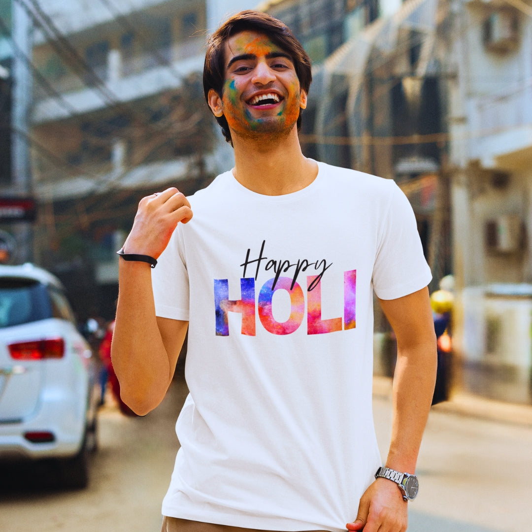 Happy Holi Cosmic Print Holi T-shirt in White Unisex