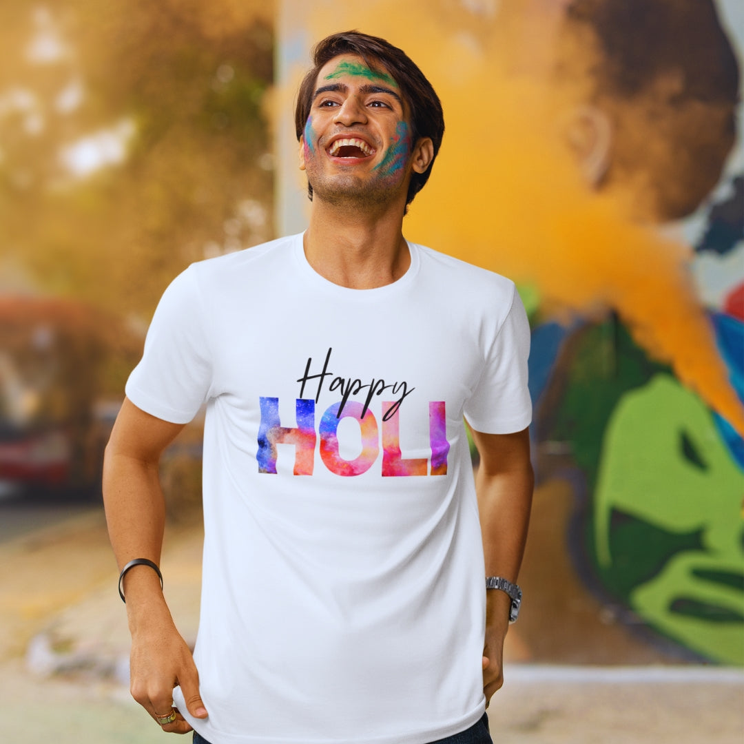 Happy Holi Cosmic Print Holi T-shirt in White Unisex