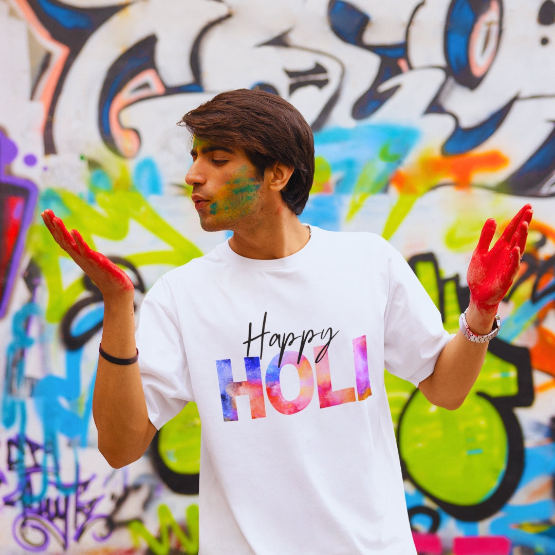 Happy Holi Cosmic Print Holi T-shirt in White Unisex