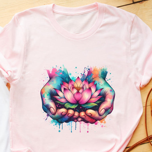 Hand Holding Lotus T-Shirt – Spiritual Design for Heart Chakra, Devotional Yoga, and Goddess Lakshmi | Unisex Fit