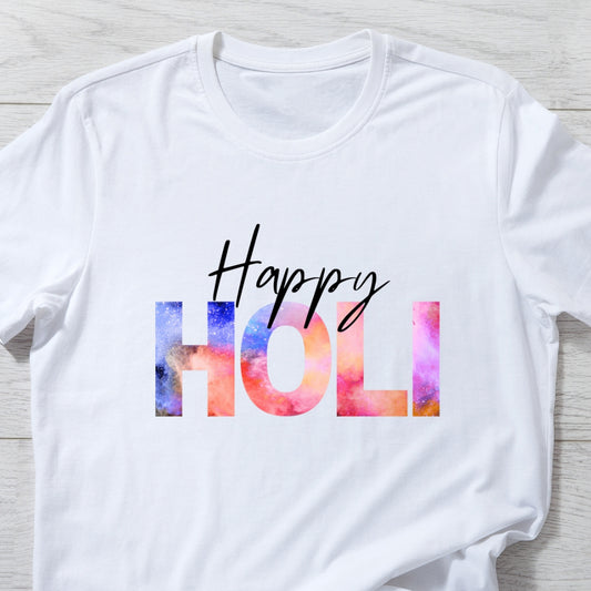 Happy Holi Cosmic Print Holi T-shirt in White Unisex