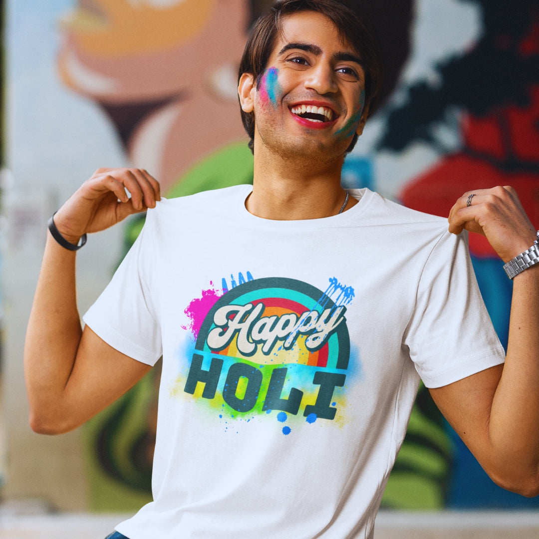 Happy Holi Retro Style Holi T-shirt in White Unisex