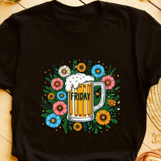 "Friday Beer Glass" T-Shirt – Beautiful Floral Beer Glass Design for Weekend Fun | Unisex Fit