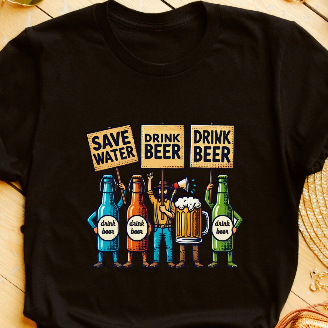 "Save Water, Drink Beer" T-Shirt – Funny Beer Bottle Placard Design for Beer Lovers | Unisex Fit