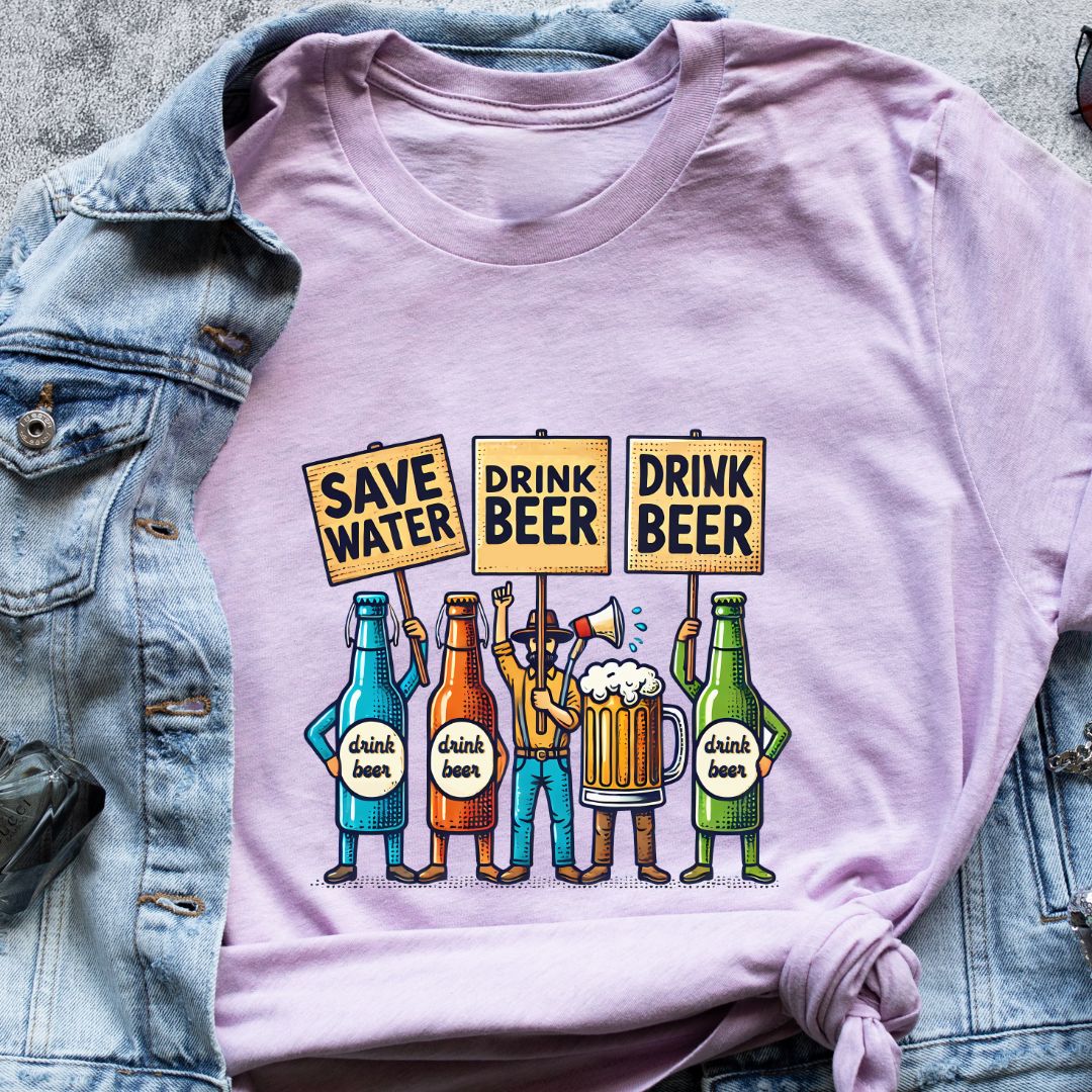 "Save Water, Drink Beer" T-Shirt – Funny Beer Bottle Placard Design for Beer Lovers | Unisex Fit