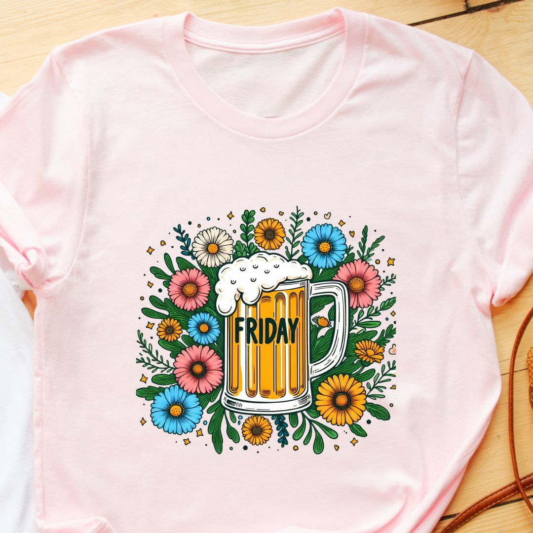 "Friday Beer Glass" T-Shirt – Beautiful Floral Beer Glass Design for Weekend Fun | Unisex Fit