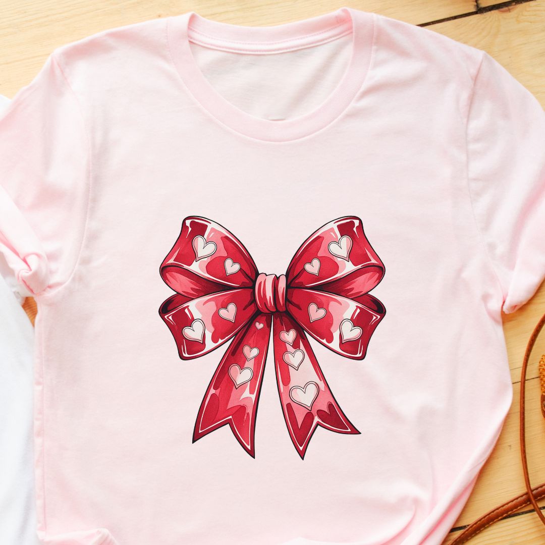 "Heart Bow" T-Shirt – Feminine & Minimalist Valentine’s Gift for Women | Elegant Design