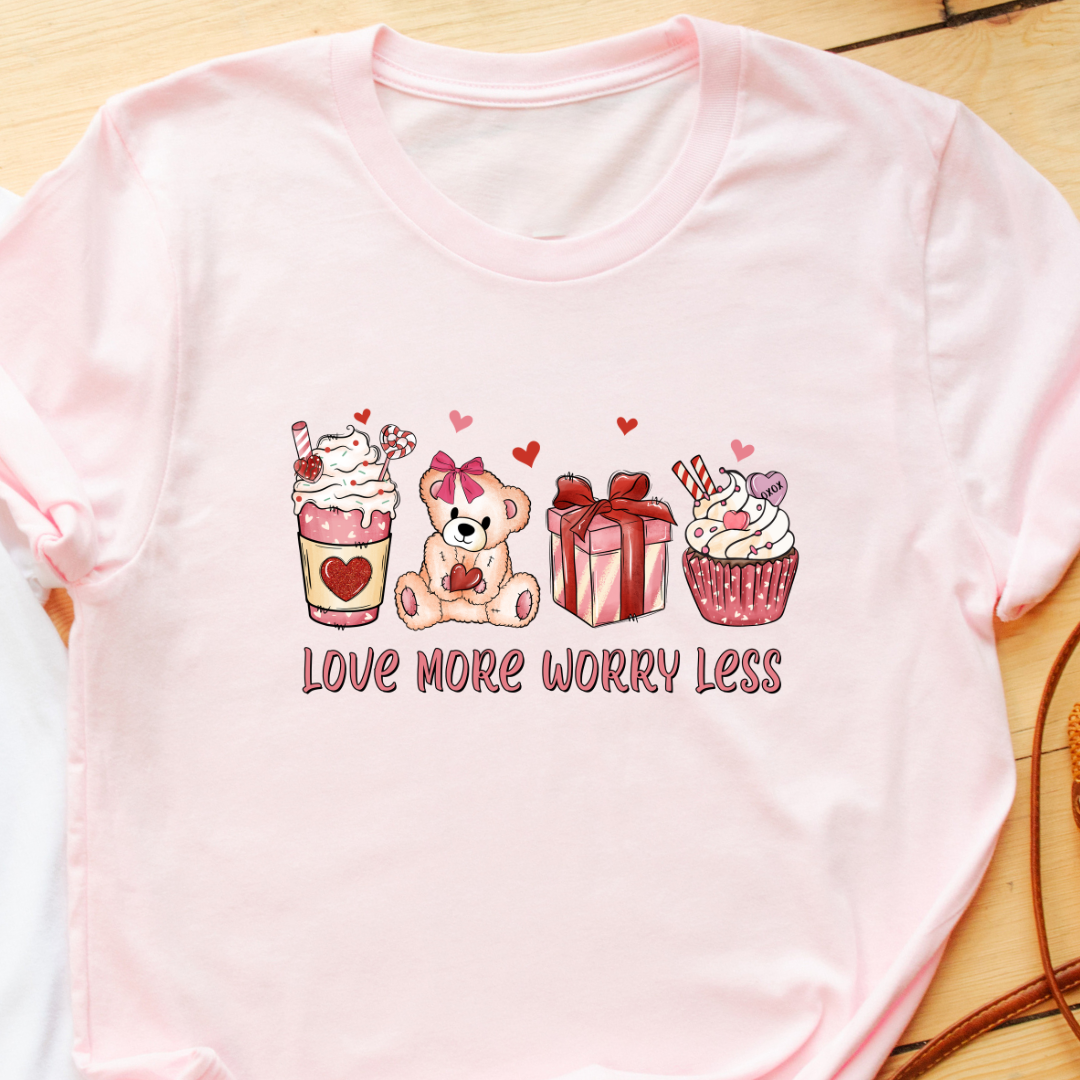 "Love More, Worry Less" T-Shirt – Aesthetic Coffee Cupcake Graphic for Valentine’s Day & Coffee Lovers | Unisex Fit