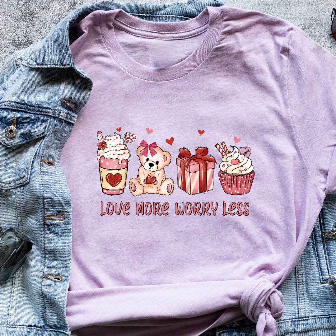 "Love More, Worry Less" T-Shirt – Aesthetic Coffee Cupcake Graphic for Valentine’s Day & Coffee Lovers | Unisex Fit