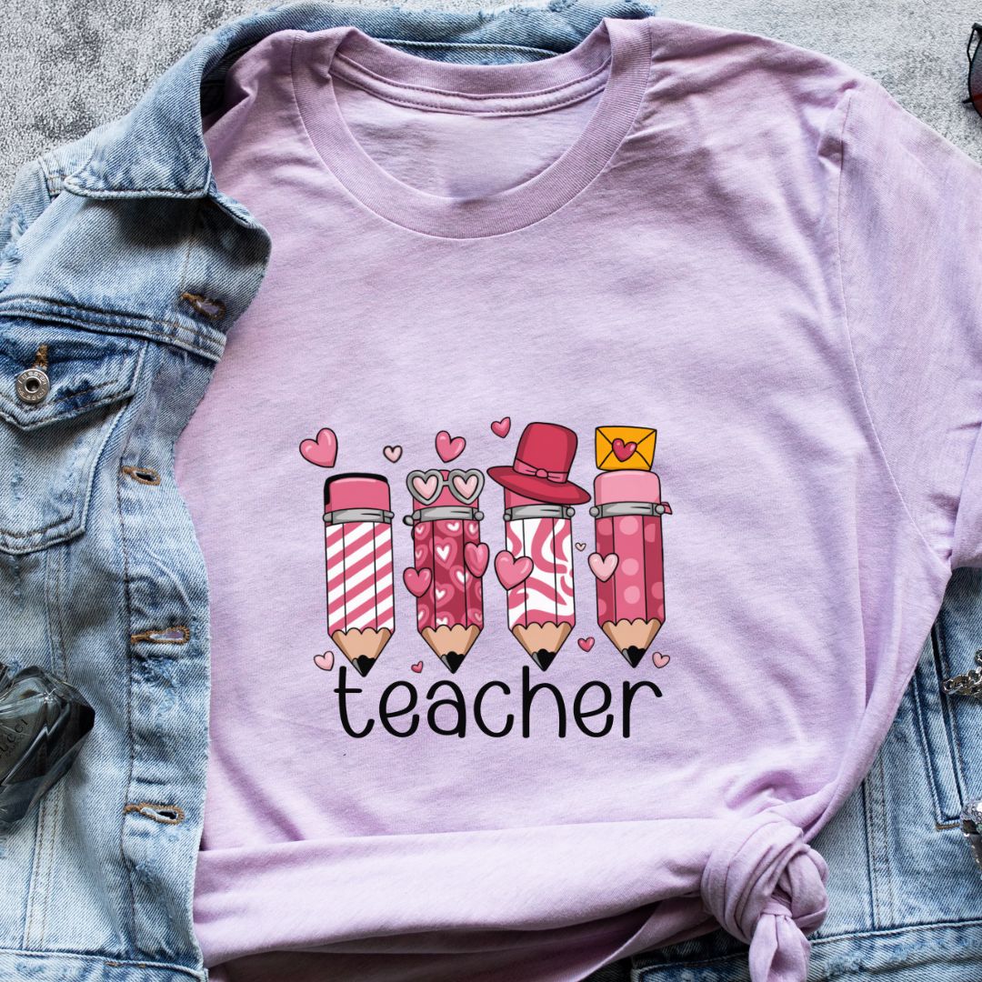 "Teacher" T-Shirt – Cute Pencil & Heart Graphic | Perfect Gift for Teachers | Unisex Fit