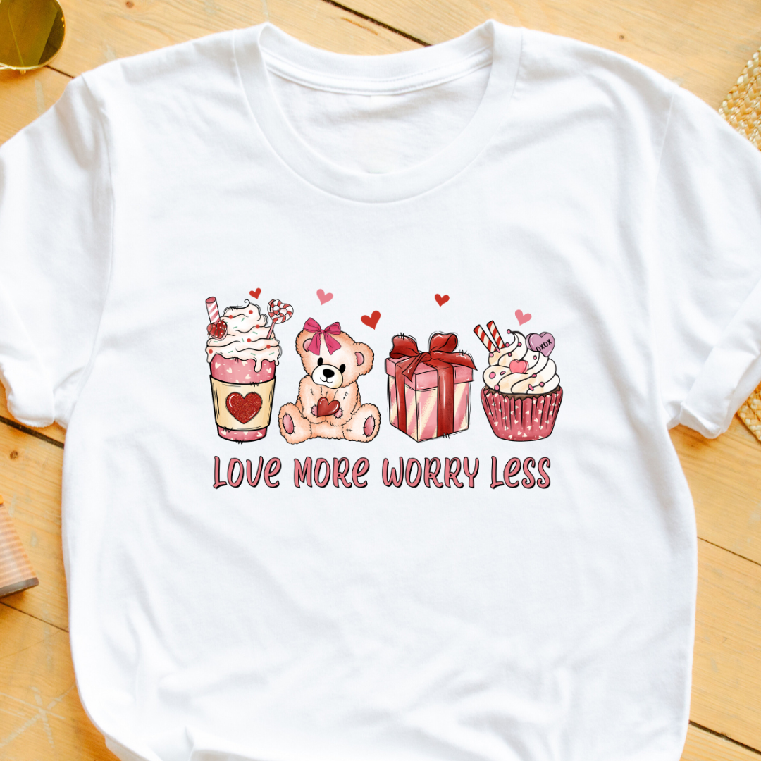 "Love More, Worry Less" T-Shirt – Aesthetic Coffee Cupcake Graphic for Valentine’s Day & Coffee Lovers | Unisex Fit