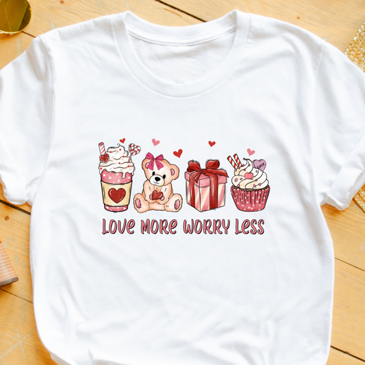 "Love More, Worry Less" T-Shirt – Aesthetic Coffee Cupcake Graphic for Valentine’s Day & Coffee Lovers | Unisex Fit