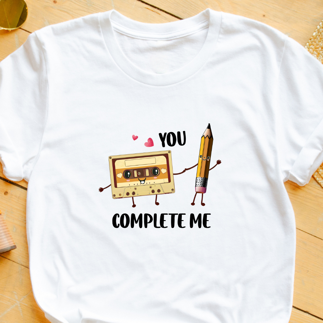 "You Complete Me" T-Shirt – Cassette & Pencil Graphic | Perfect Gift for Him or Her | Unisex Fit