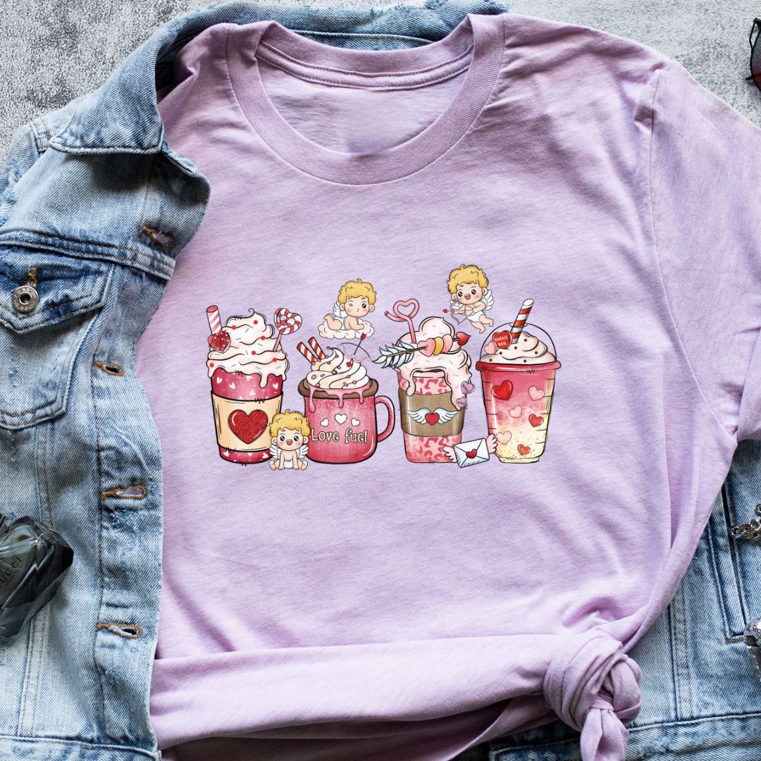 "Love Fueled by Coffee" T-Shirt – Cute Coffee & Cupid Design for Coffee Lovers | Unisex Fit