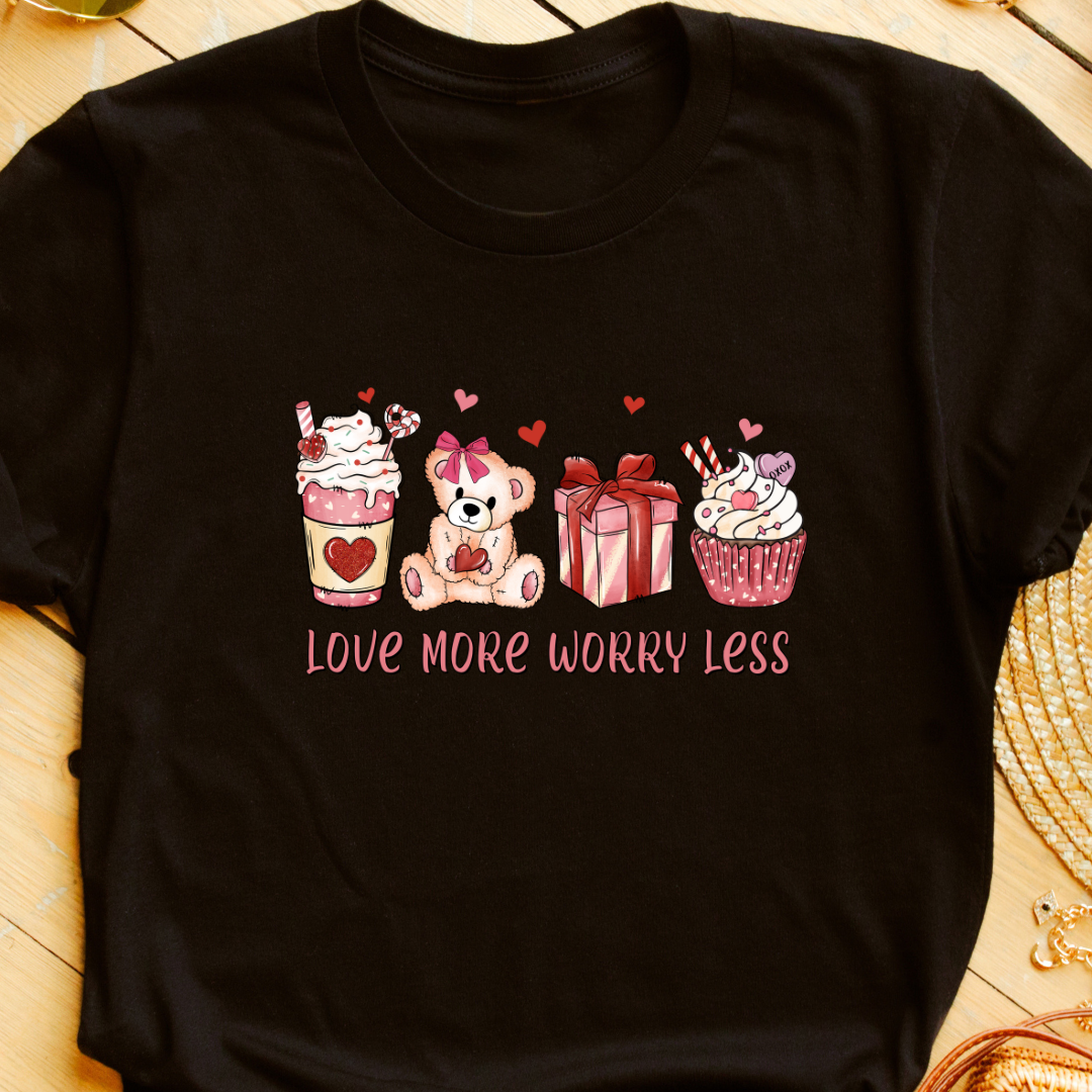 "Love More, Worry Less" T-Shirt – Aesthetic Coffee Cupcake Graphic for Valentine’s Day & Coffee Lovers | Unisex Fit