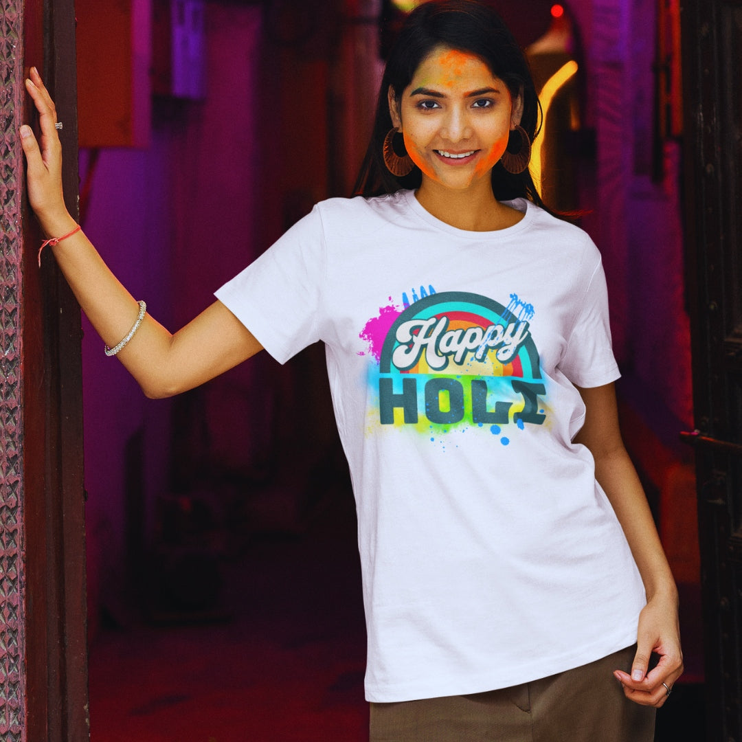 Happy Holi Retro Style Holi T-shirt in White Unisex