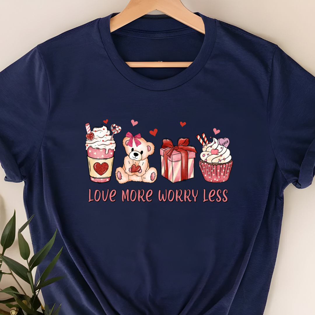 "Love More, Worry Less" T-Shirt – Aesthetic Coffee Cupcake Graphic for Valentine’s Day & Coffee Lovers | Unisex Fit