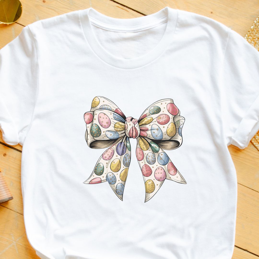 Cute Easter Eggs Bow T-Shirt – Adorable & Festive Tee for Women & Girls | Perfect for Easter Celebration