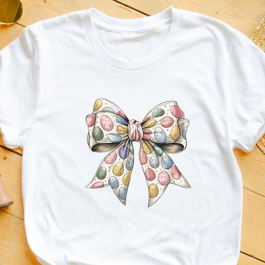 Cute Easter Eggs Bow T-Shirt – Adorable & Festive Tee for Women & Girls | Perfect for Easter Celebration