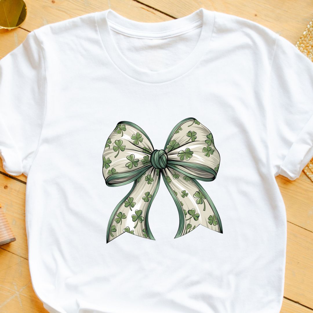 Lucky Clover Bow T-Shirt – Stylish St. Patrick’s Day Tee for Women & Girls | Festive & Chic