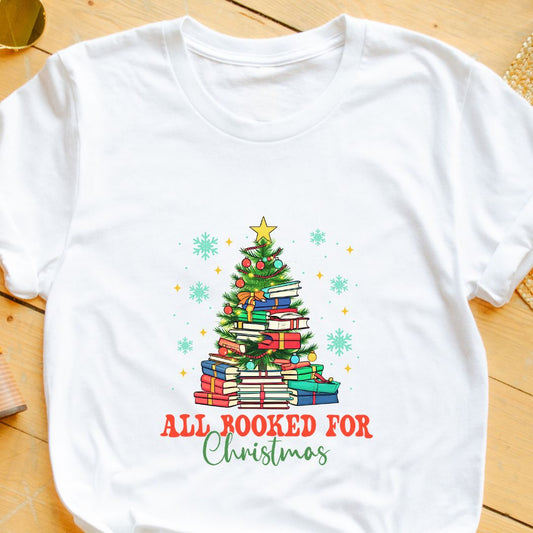 "All Booked for Christmas" T-Shirt – Festive Holiday Tee with Book Tree Design | Unisex Fit